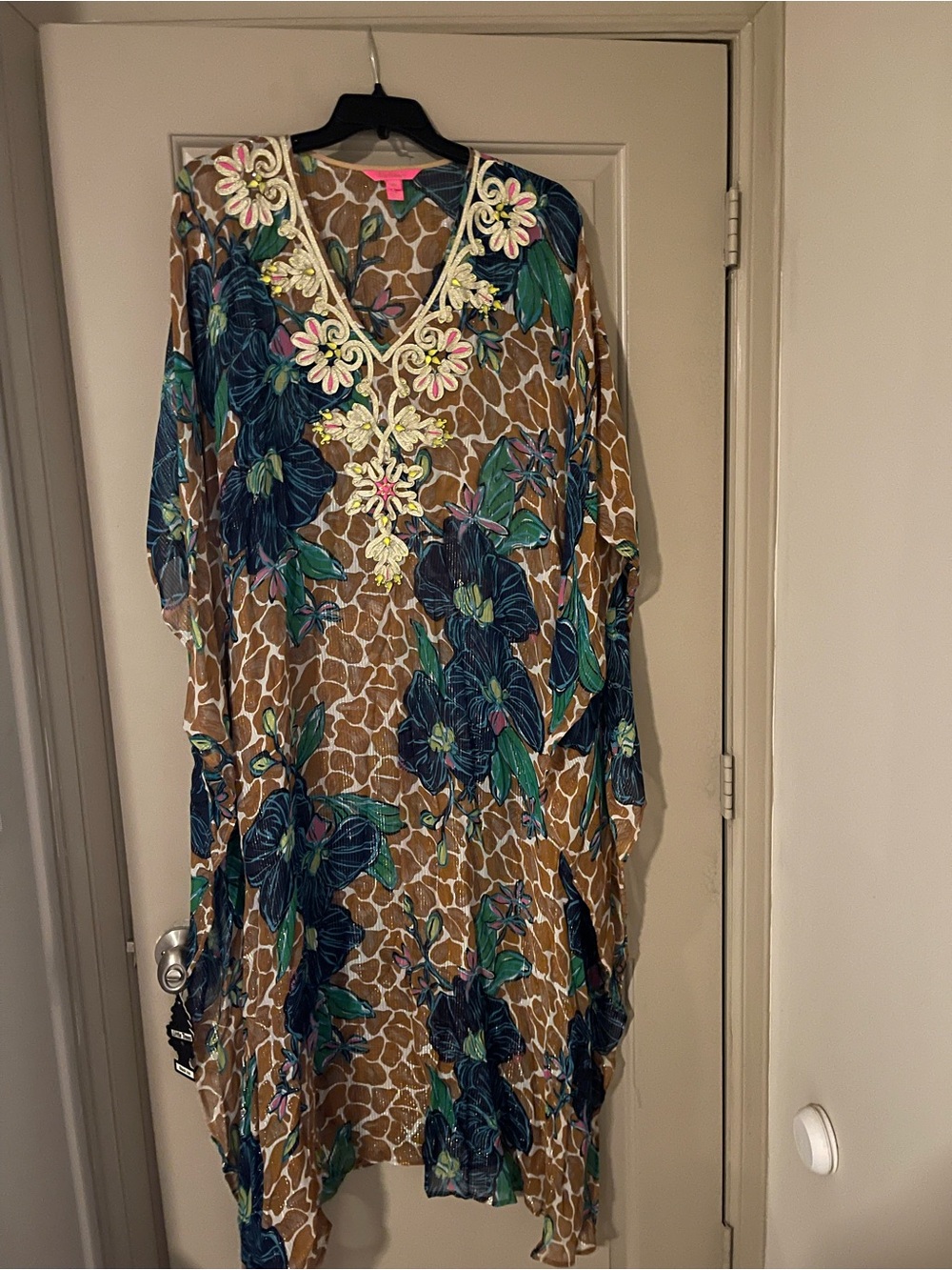 Lilly Pulitzer Brown Floral V-Neck Maxi Kaftan with Blue-Green Blooms